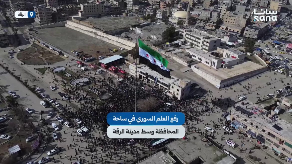 رفع العلم السوري بساحة المحافظة بقلب الرقة